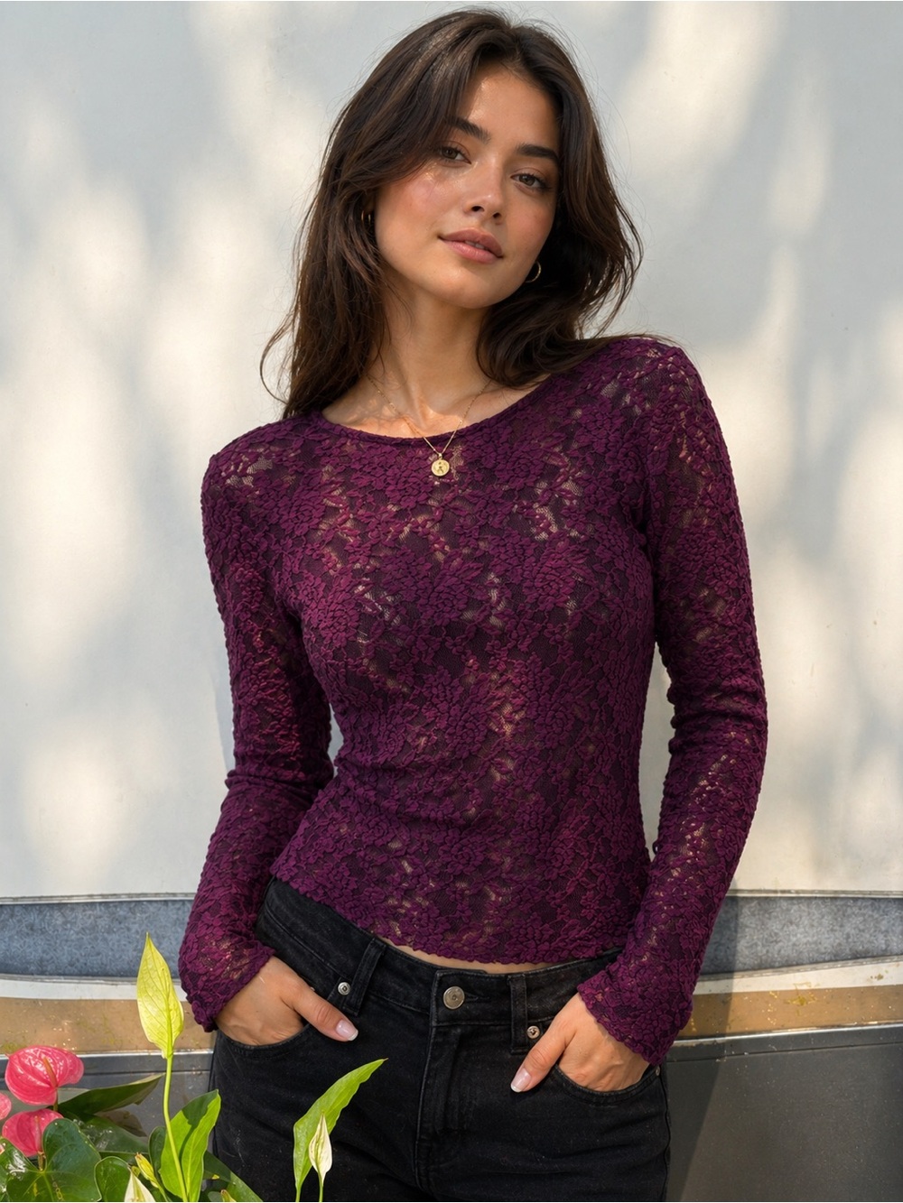 Plum Lace Long-Sleeve Top